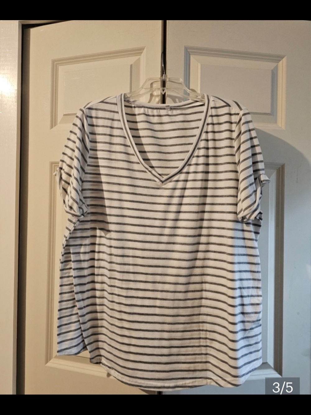 Women’s White and Gray Striped V-Neck Short Sleeve Tee